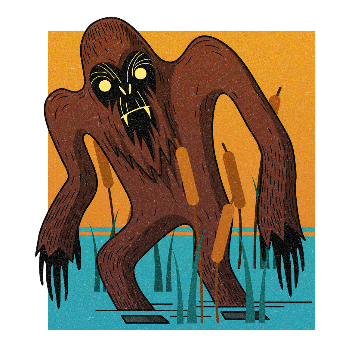 The Fouke Monster, drawn as a hominid and primate said to live in Arkansas.