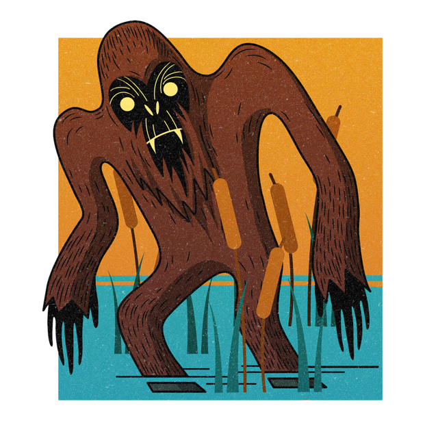 The Fouke Monster, drawn as a hominid and primate said to live in Arkansas.