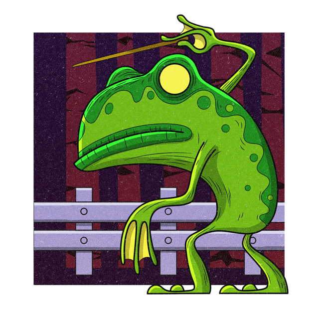 The Loveland Frogmen, drawn as an amphibian humanoid and hoax said to live in Ohio.