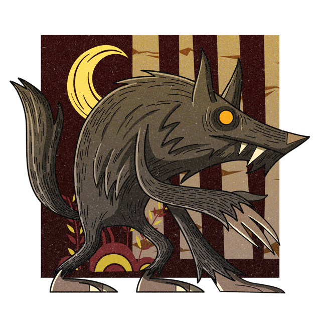 The Michigan Dogman, drawn as a canine humanoid said to live in Michigan.