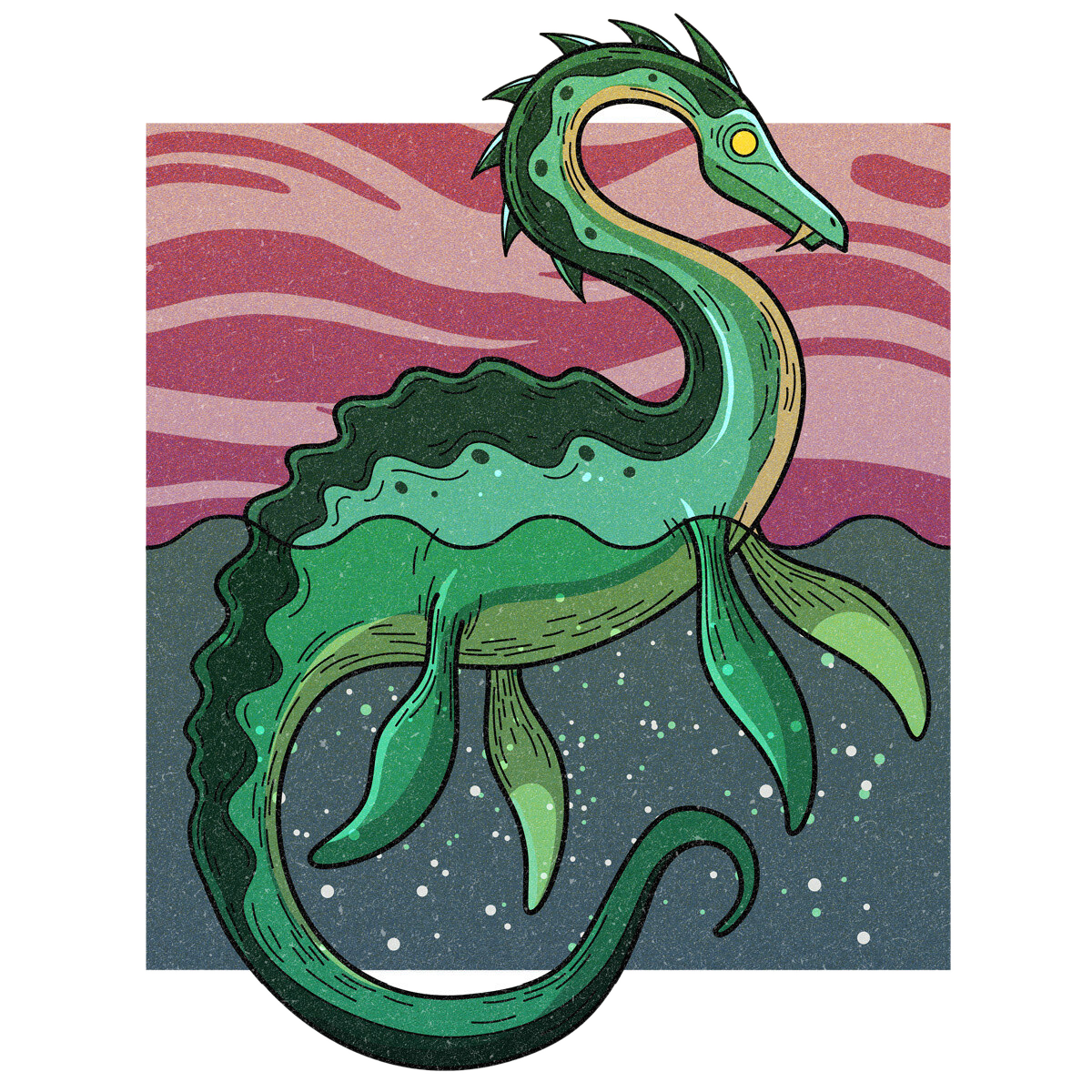The Tahoe Tessie, drawn as an aquatic serpent said to live in Nevada.