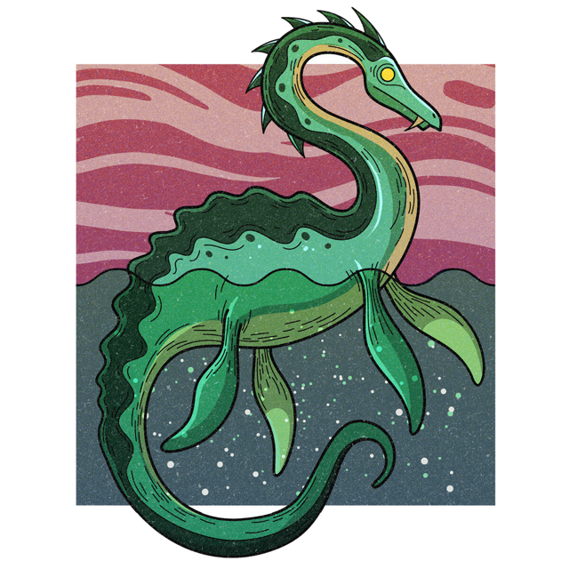 The Tahoe Tessie, drawn as an aquatic serpent said to live in Nevada.