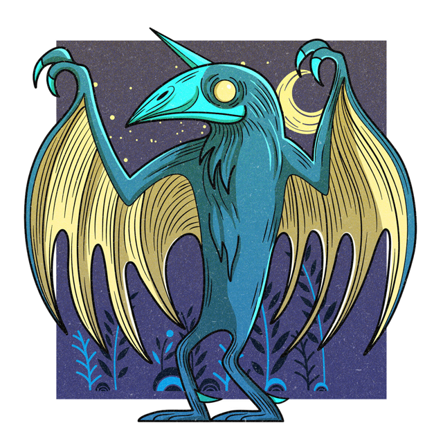 The Van Meter Monster, drawn as a flying cryptid said to live in Iowa.