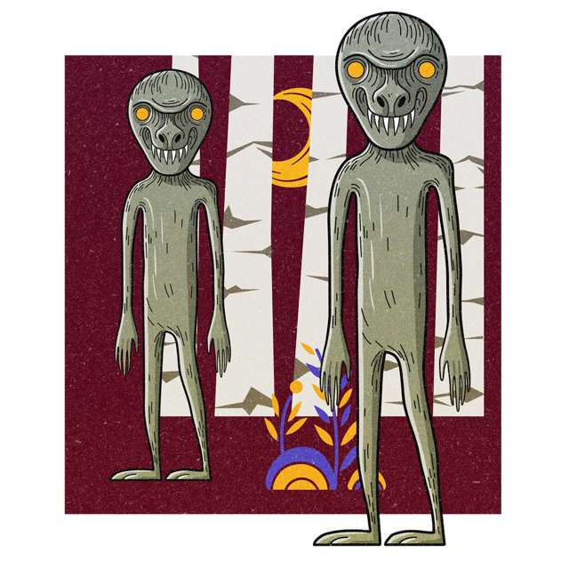 The Wood Devils, drawn as a hominid and spirit said to live in New Hampshire.